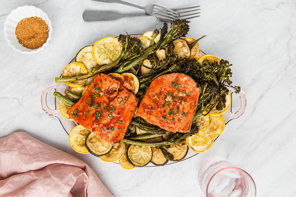 Baked Salmon with Roasted Vegetables – Sylvia's Soul Food Brand